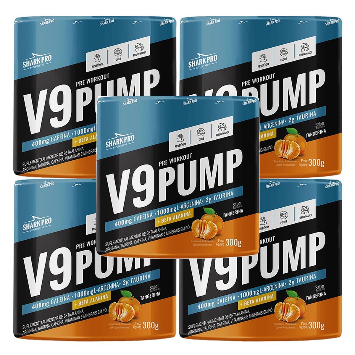 Kit 5X V9-Pump Pre Workout - 300g Tangerina - Shark Pro