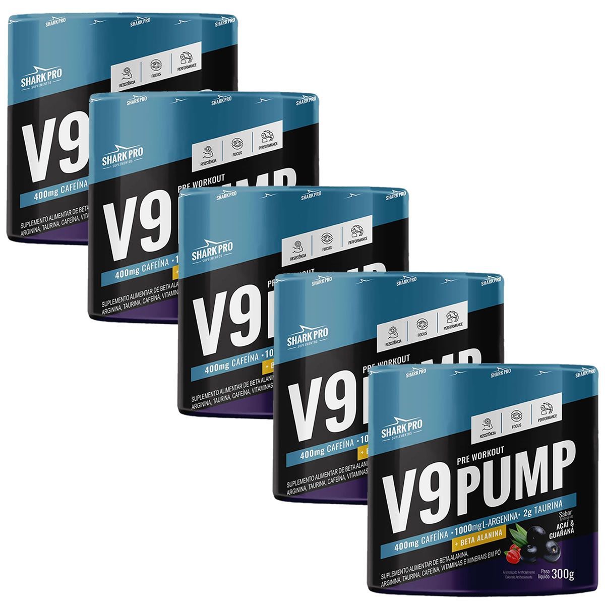 Kit 5X V9-Pump Pre Workout + L-Arginina - 300g A�a� & Guaran� - Shark Pro