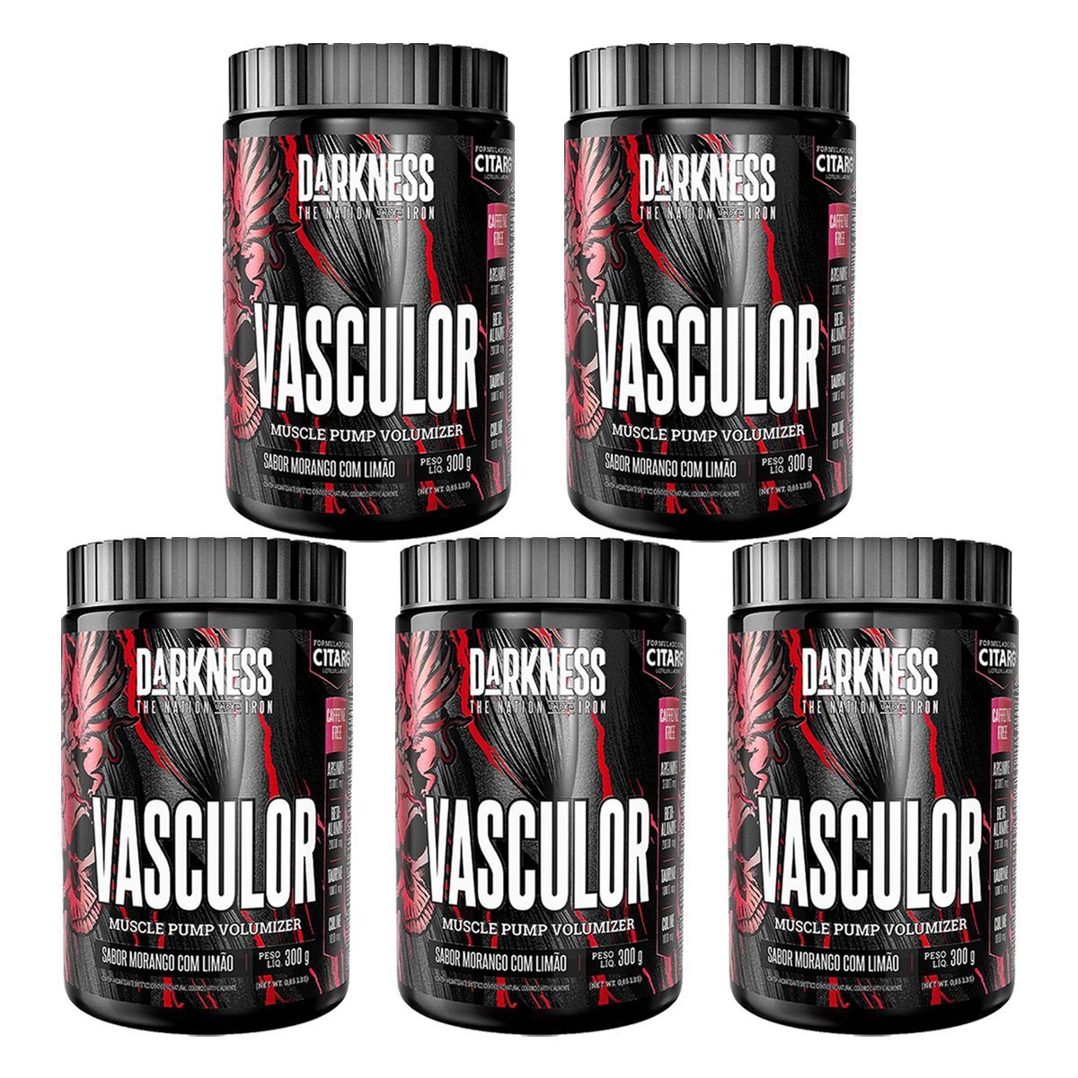 Kit 5X Vasculor Muscle Pump Powder Caffeine Free - 300g Morango com Lim�o - IntegralMedica