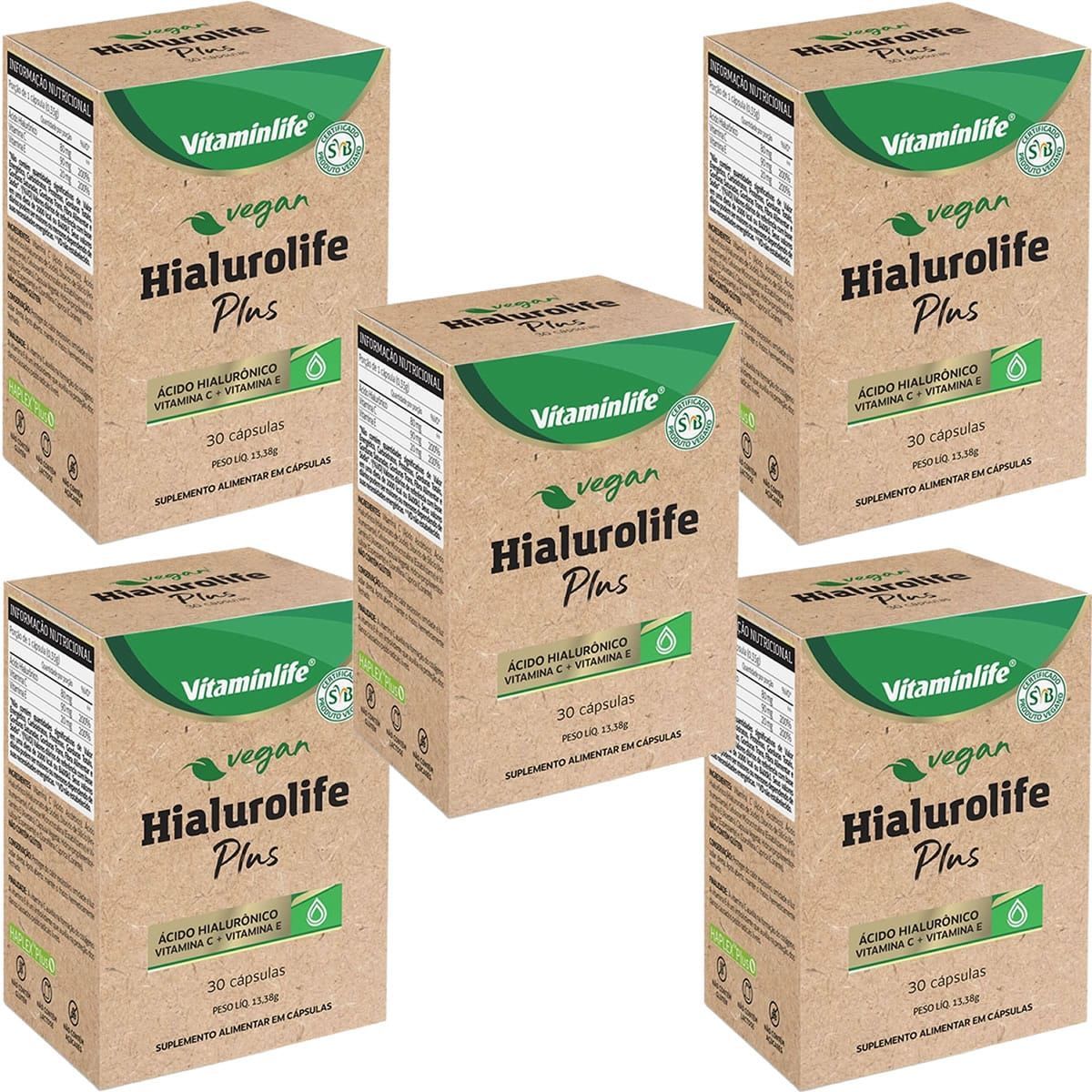 Kit 5X Vegan - Hialurolife Plus �cido Hialur�nico + Vit C + Vit E - 30 C�psulas - VitaminLife