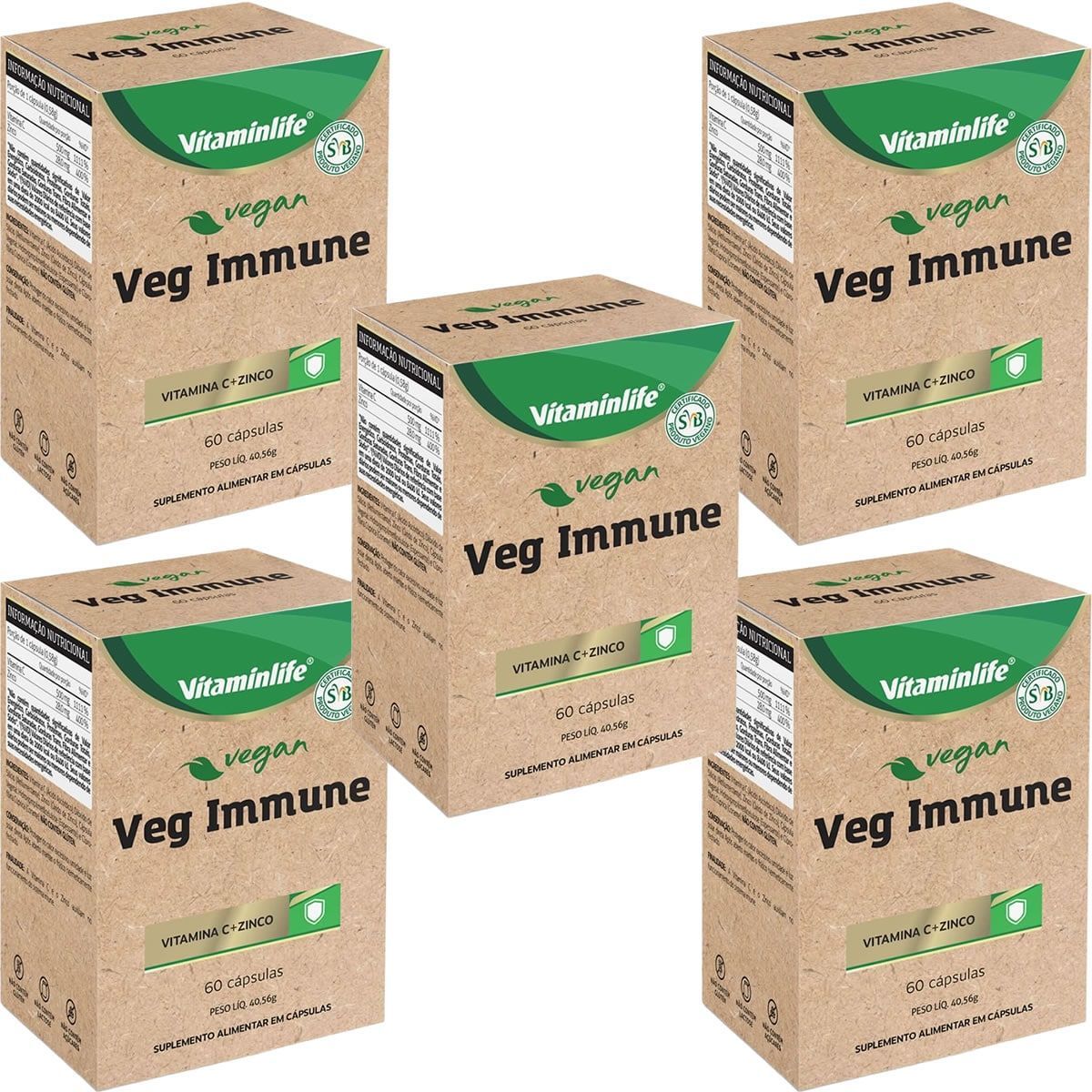 Kit 5X Vegan Veg Immune Vit + Zinco - 60 C�psulas - VitaminLife