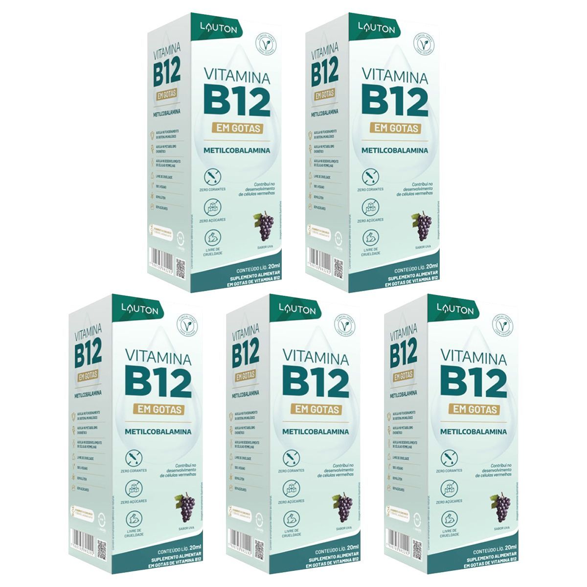 Kit 5X Vitamina B12 em Gotas - 20ml Uva - Lauton