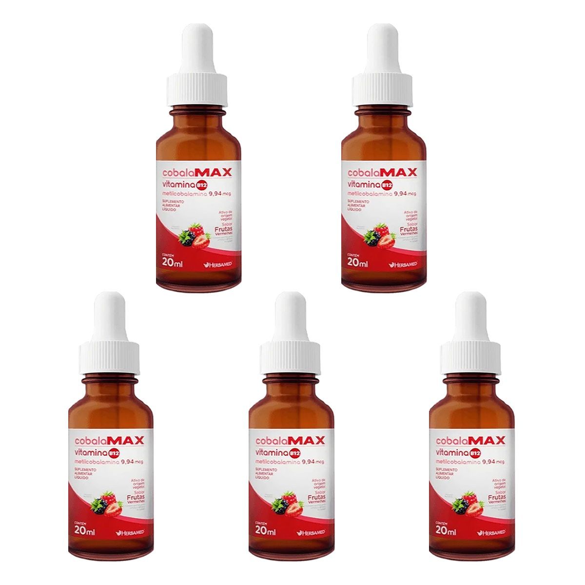 Kit 5X Vitamina B12 Metilcobalamina - 20ml Frutas Vermelhas - Herbamed