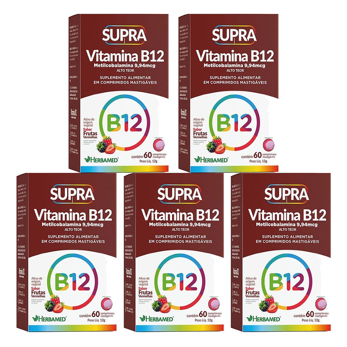 Kit 5X Vitamina B12 Metilcobalamina - 60 Comprimidos Frutas Vermelhas - Herbamed