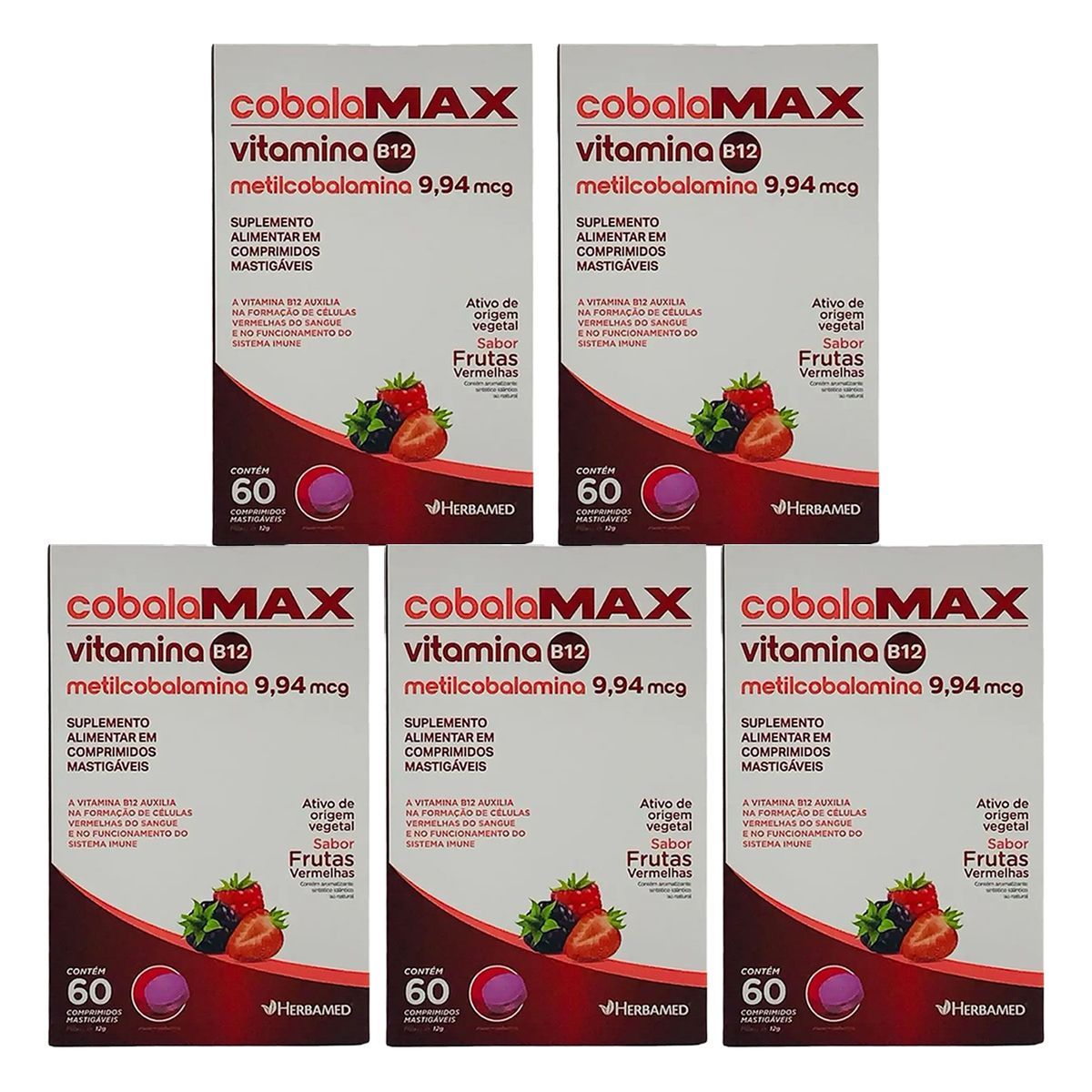 Kit 5X Vitamina B12 Metilcobalamina - 60 Comprimidos Frutas Vermelhas - Herbamed
