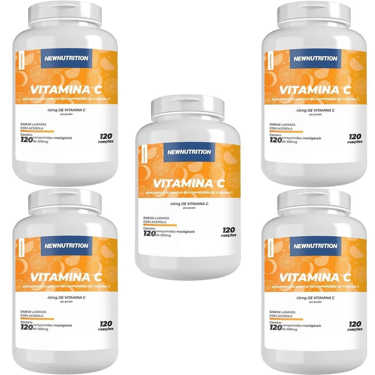 Kit 5X Vitamina C 45mg  - 120 Comprimidos Mastig�veis Laranja com Acerola - NewNutrition