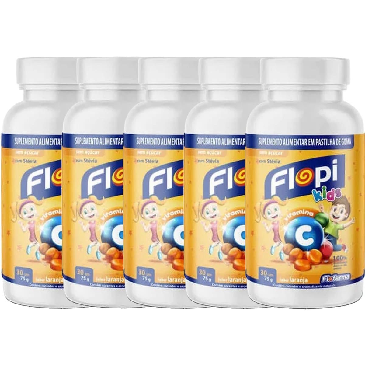Kit 5X Vitamina C Flopi Kids - 30 Gelatinas Laranja - Flofarma