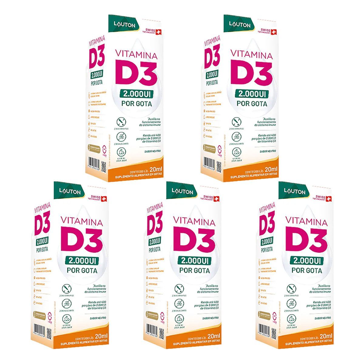 Kit 5X Vitamina D3 - 20ml Gota Neutro - Lauton Nutrition