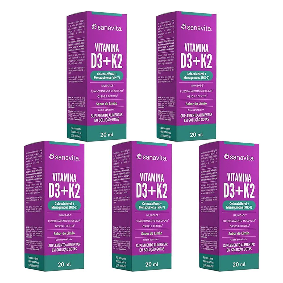 Kit 5X Vitamina D3+ K2 - 20ml Lim�o - Sanavita