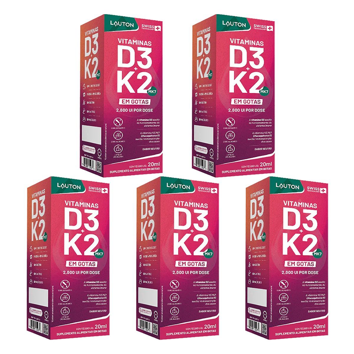 Kit 5X Vitamina D3 K2 - 20ml Sabor Neutro - Lauton Nutrition