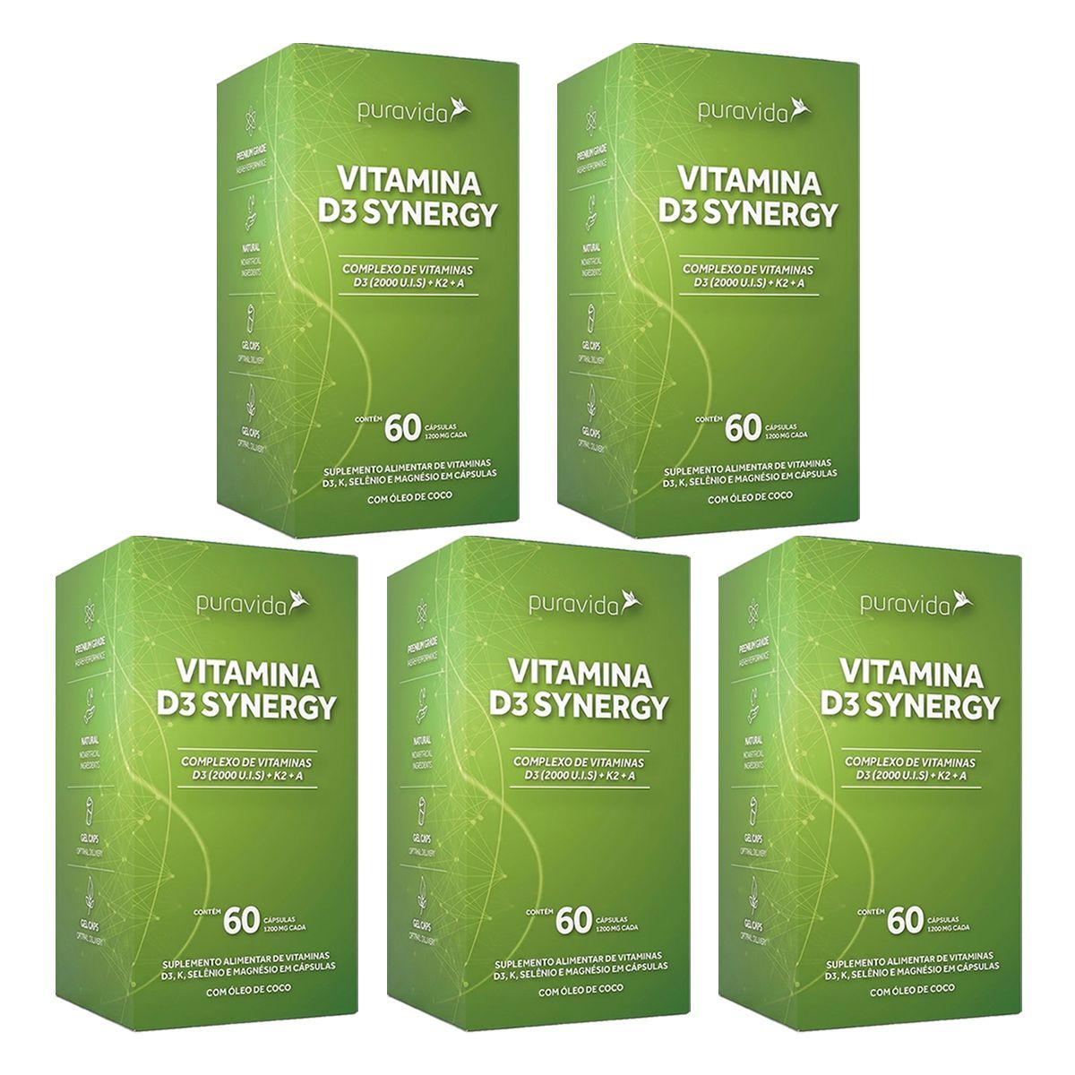 Kit 5X Vitamina D3 Synergy - 60 C�psulas - Puravida