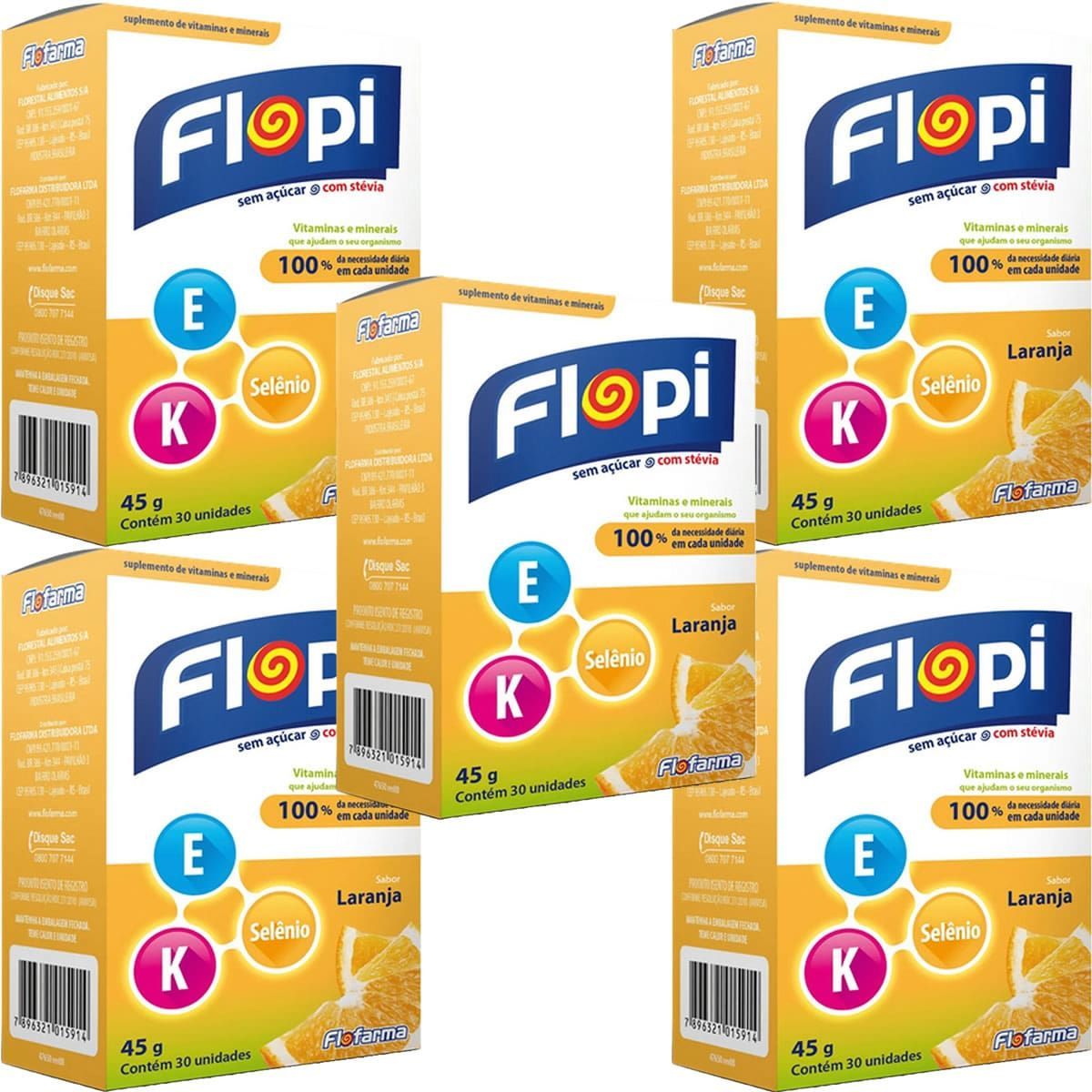 Kit 5X Vitamina E+K+Sel�nio Flopi - 30 Unidades Laranja - Flofarma