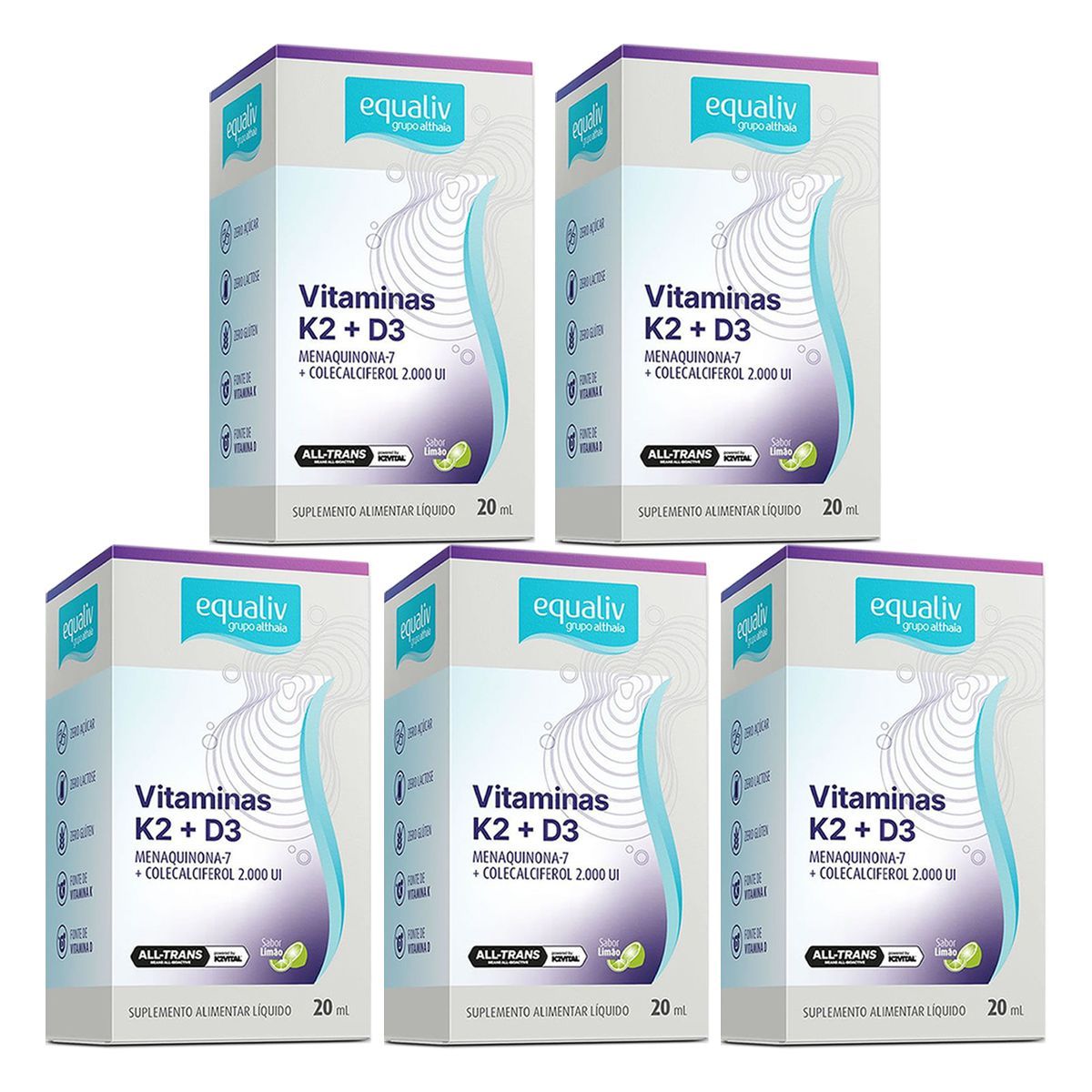 Kit 5X Vitamina K2 + D3 Gotas - 20ml Lim�o - Equaliv