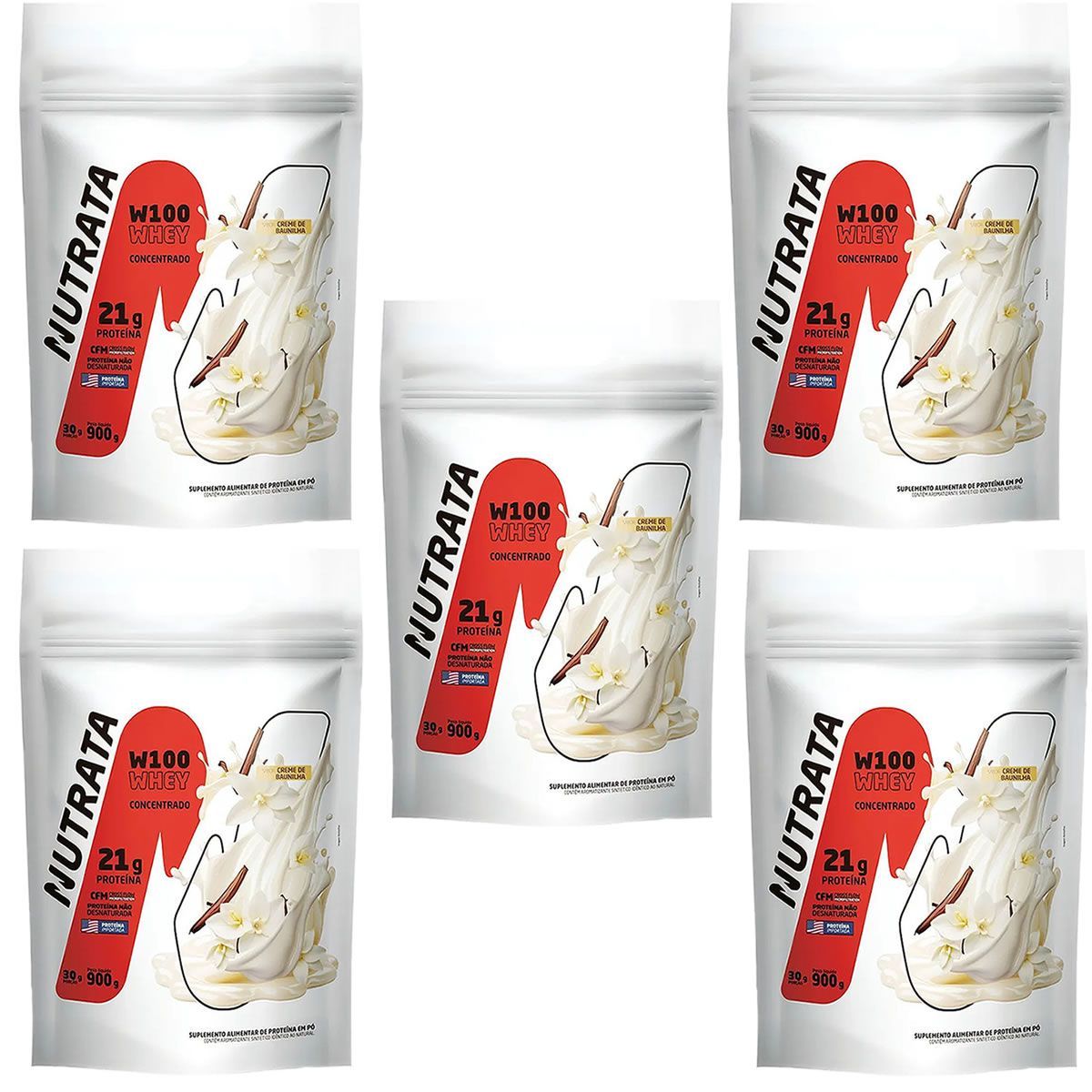 Kit 5X W100 Whey Concentrado - 900g Refil Baunilha - Nutrata