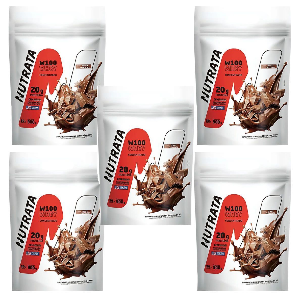 Kit 5X W100 Whey Concentrado - 900g Refil Double Chocolate - Nutrata