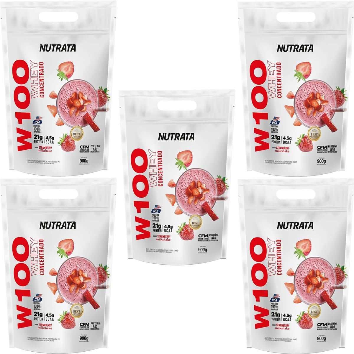 Kit 5X W100 Whey Concentrado - 900g Refil Strawberry MilkShake - Nutrata