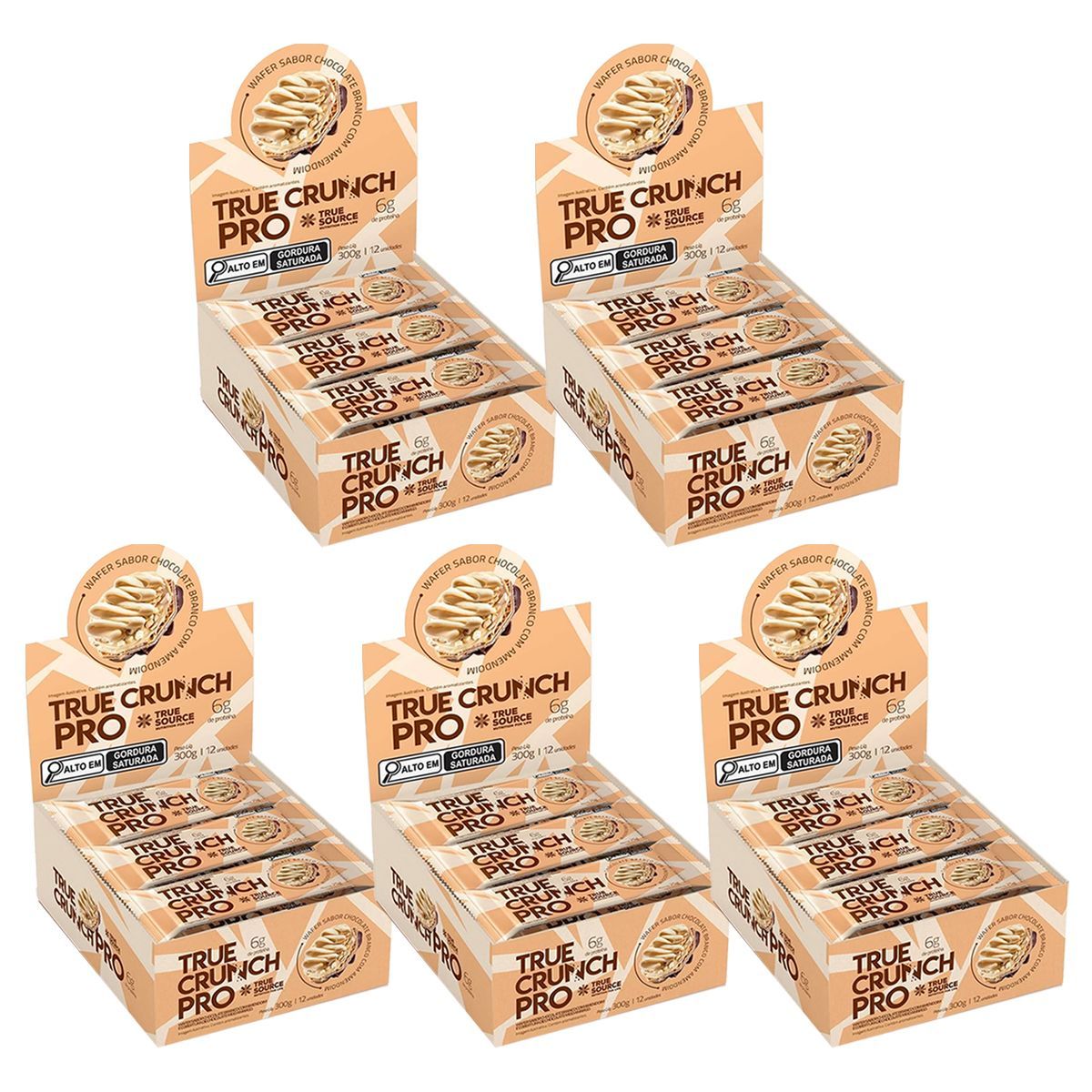 Kit 5X Wafer True Crunch Pro - Caixa com 12 Unidades de 25g Chocolate Branco Com Amendoim - True Source