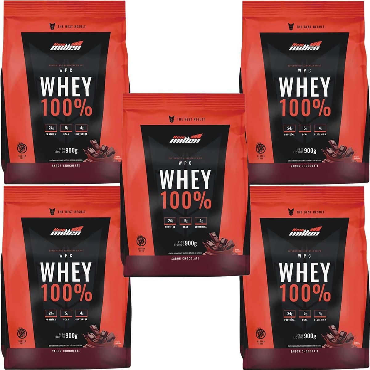 Kit 5X Whey 100% - 900g Refil Chocolate - New Millen