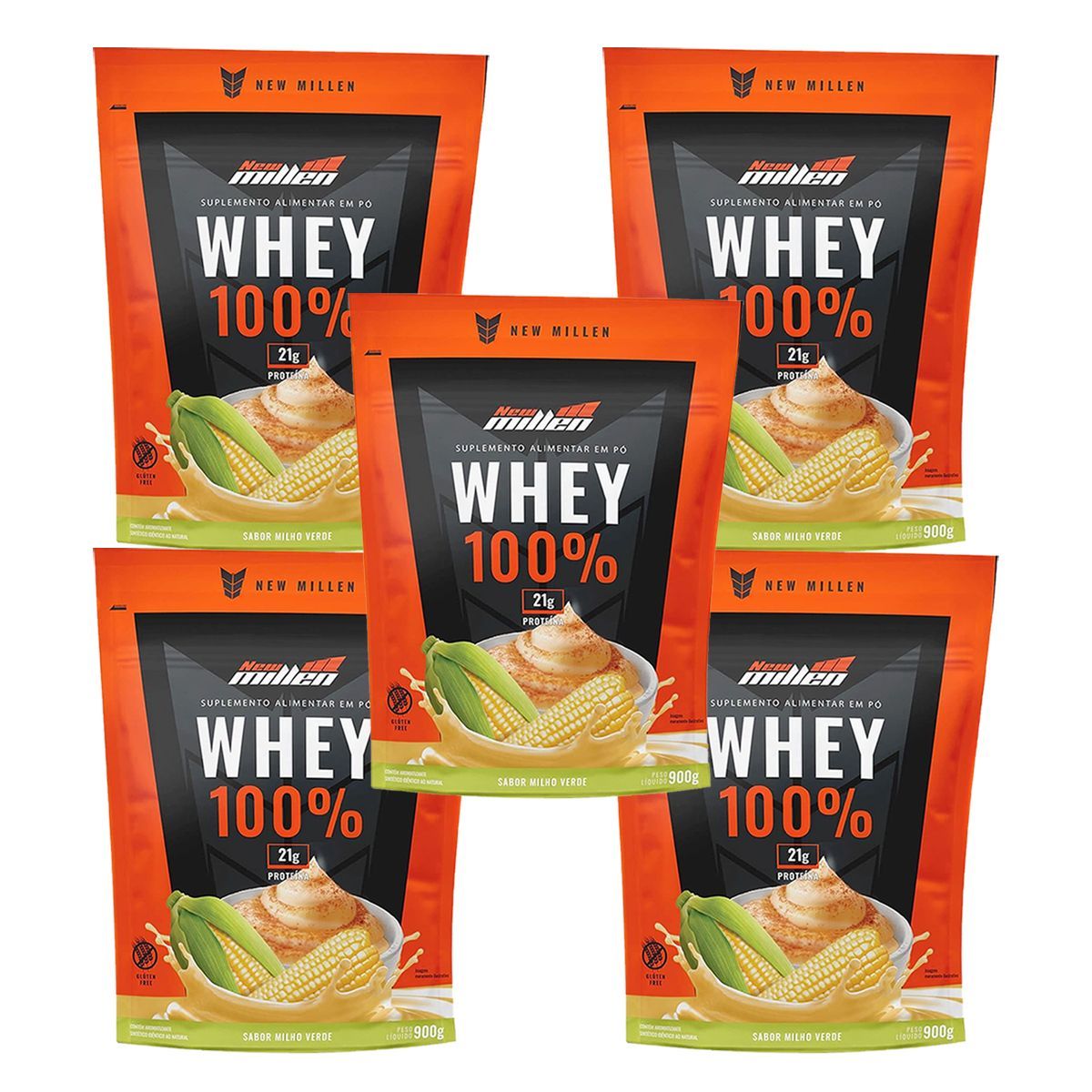 Kit 5X Whey 100% - 900g Refil Milho Verde - New Millen
