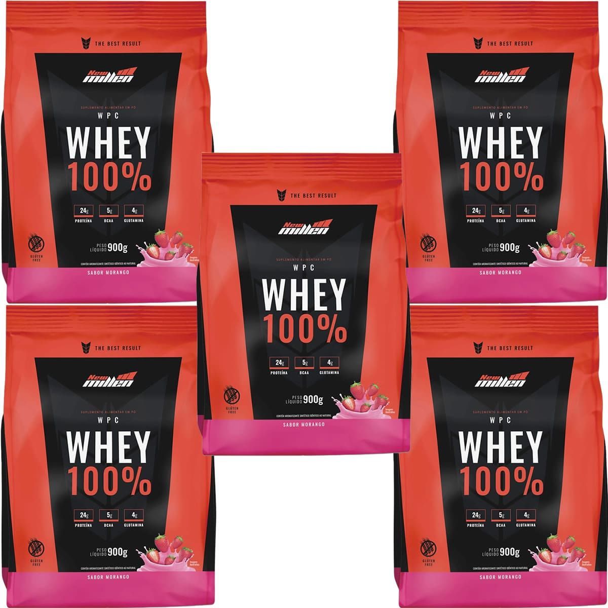 Kit 5X Whey 100% - 900g Refil Morango - New Millen