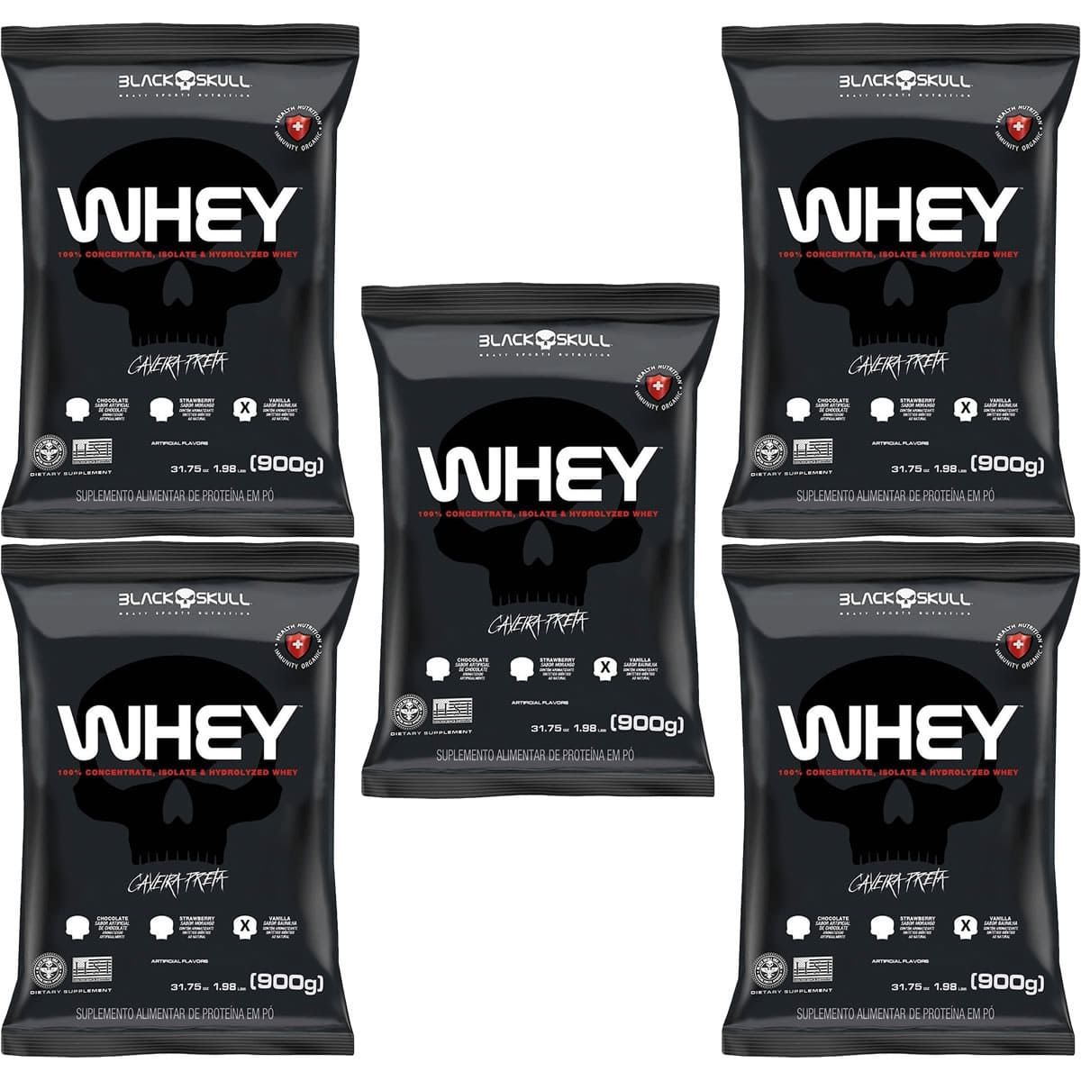 Kit 5X Whey 100% Concentrate - 900g Refil Baunilha  - Black Skull