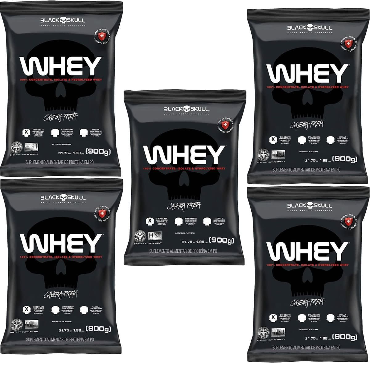 Kit 5X Whey 100% Concentrate - 900g Refil Chocolate - Black Skull