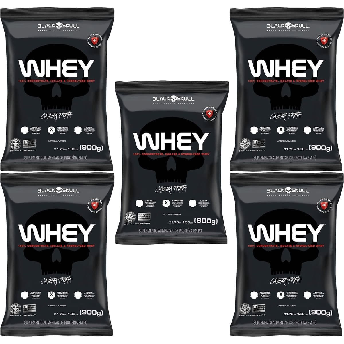 Kit 5X Whey 100% Concentrate - 900g Refil Morango  - Black Skull