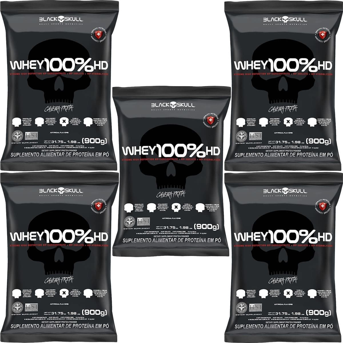 Kit 5X Whey 100% HD - 900g Refil Baunilha - Black Skull