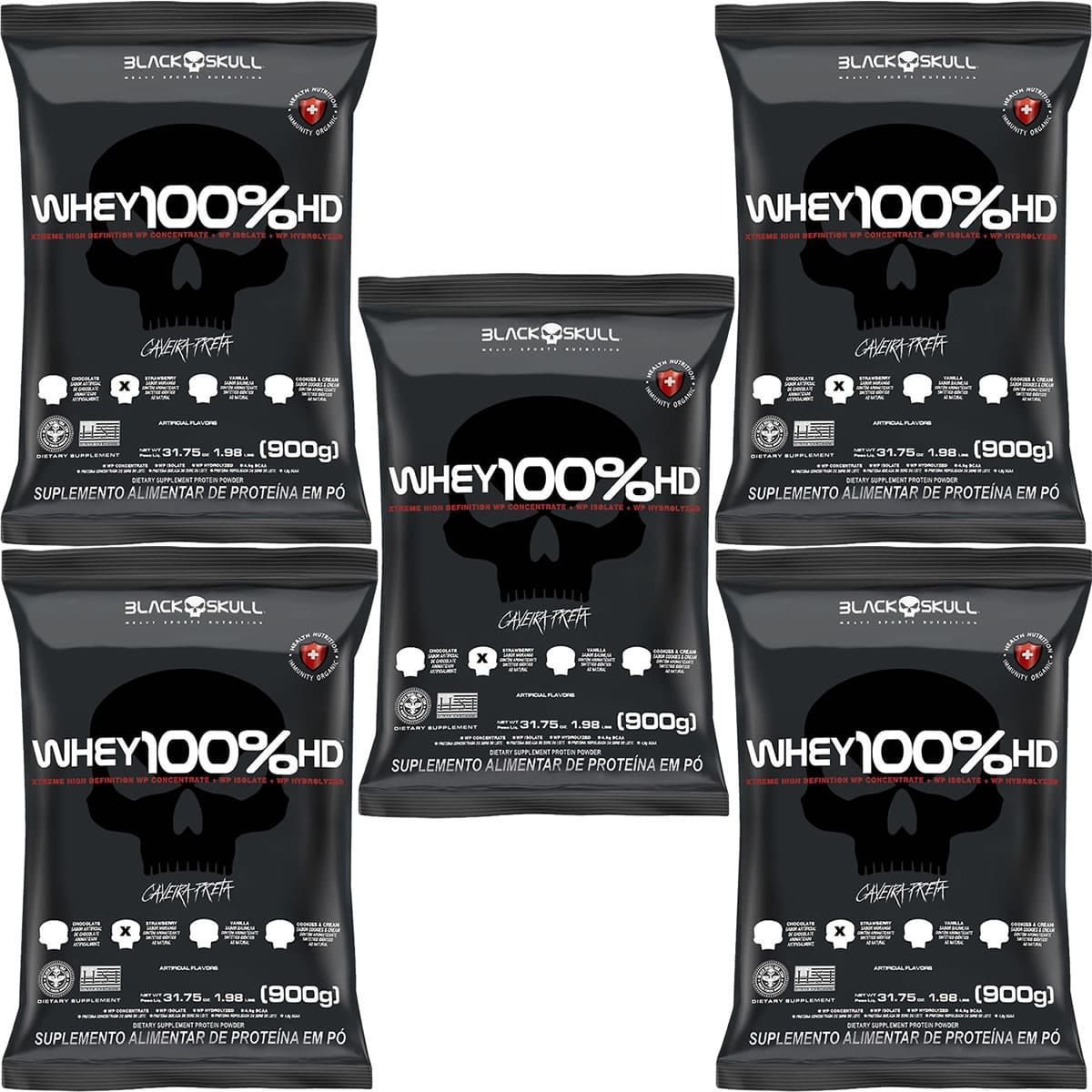 Kit 5X Whey 100% HD - 900g Refil Morango - Black Skull