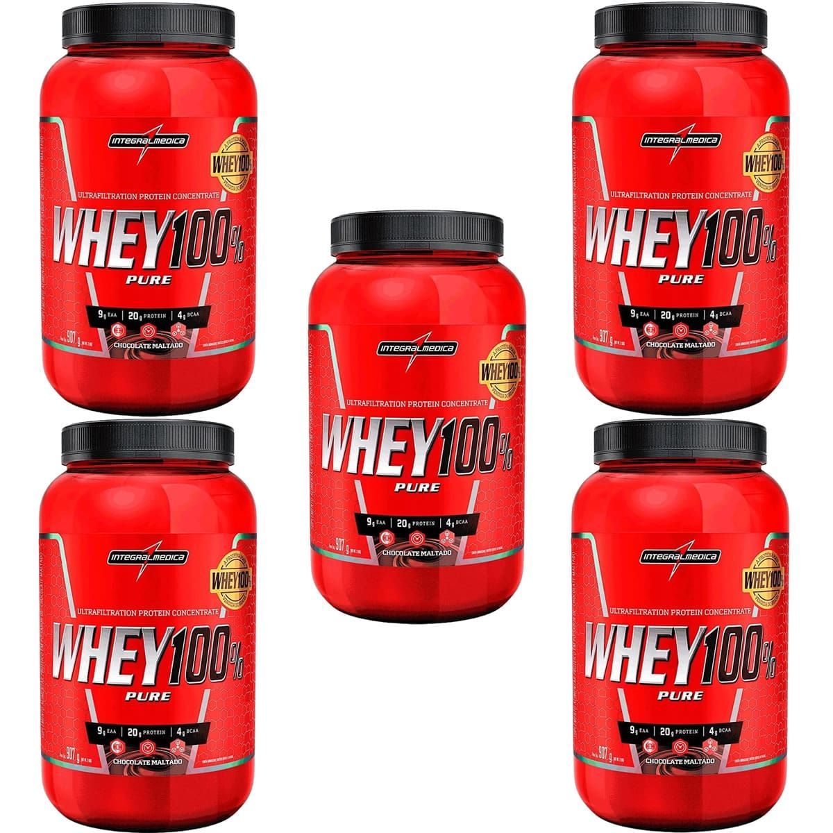 Kit 5X Whey 100% Pure - 907g Chocolate Maltado - IntegralM�dica
