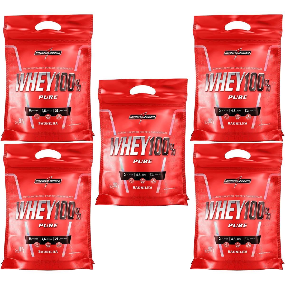 Kit 5X Whey 100% Pure - 907g Refil Baunilha - IntegralM�dica