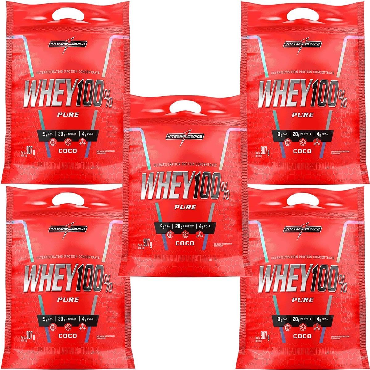 Kit 5X Whey 100% Pure - 907g Refil Coco - IntegralM�dica