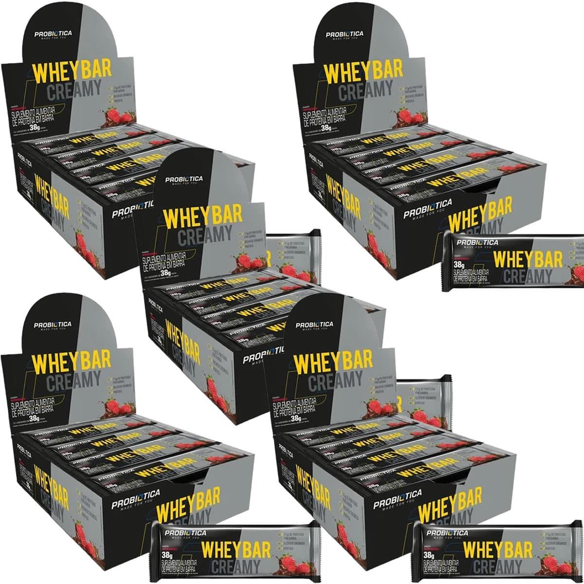 Kit 5X Whey Bar Creamy - 12 Unidades 38g Morango - Probi�tica