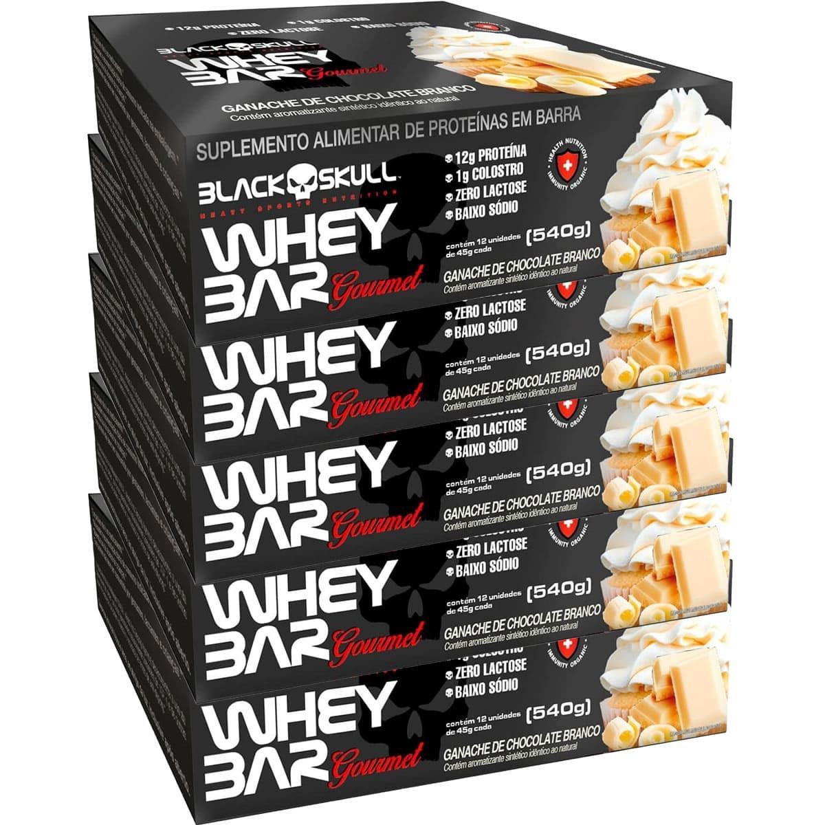 Kit 5X Whey Bar Gourmet - 12 Unidades 45g Chocolate Branco - Black Skull