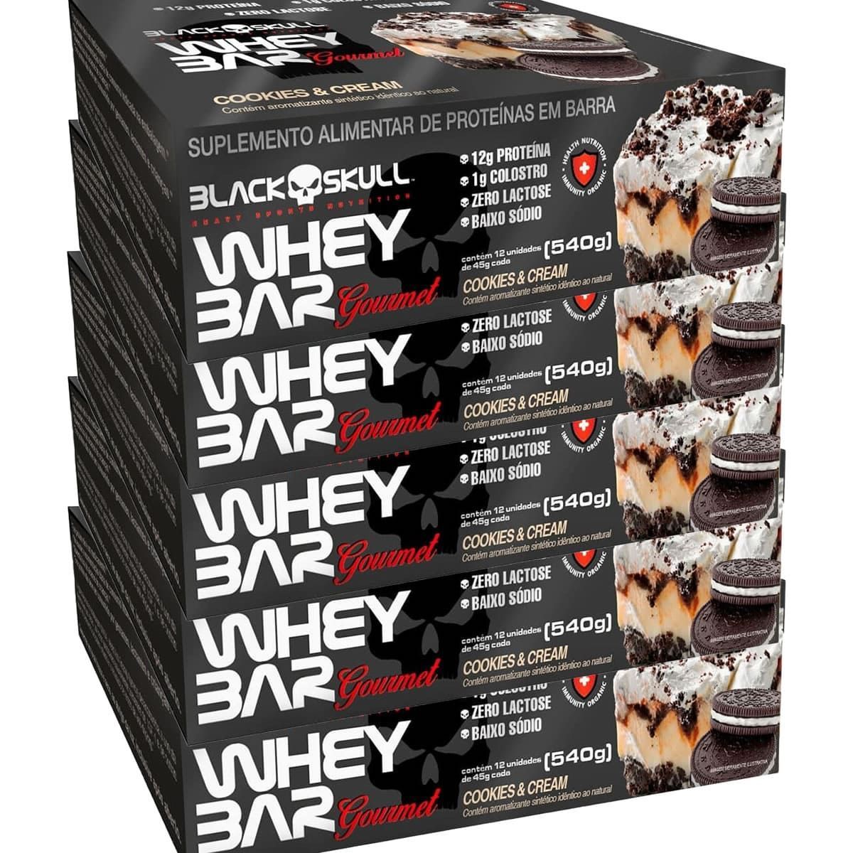 Kit 5X Whey Bar Gourmet - 12 Unidades 45g Cookies and Cream - Black Skull