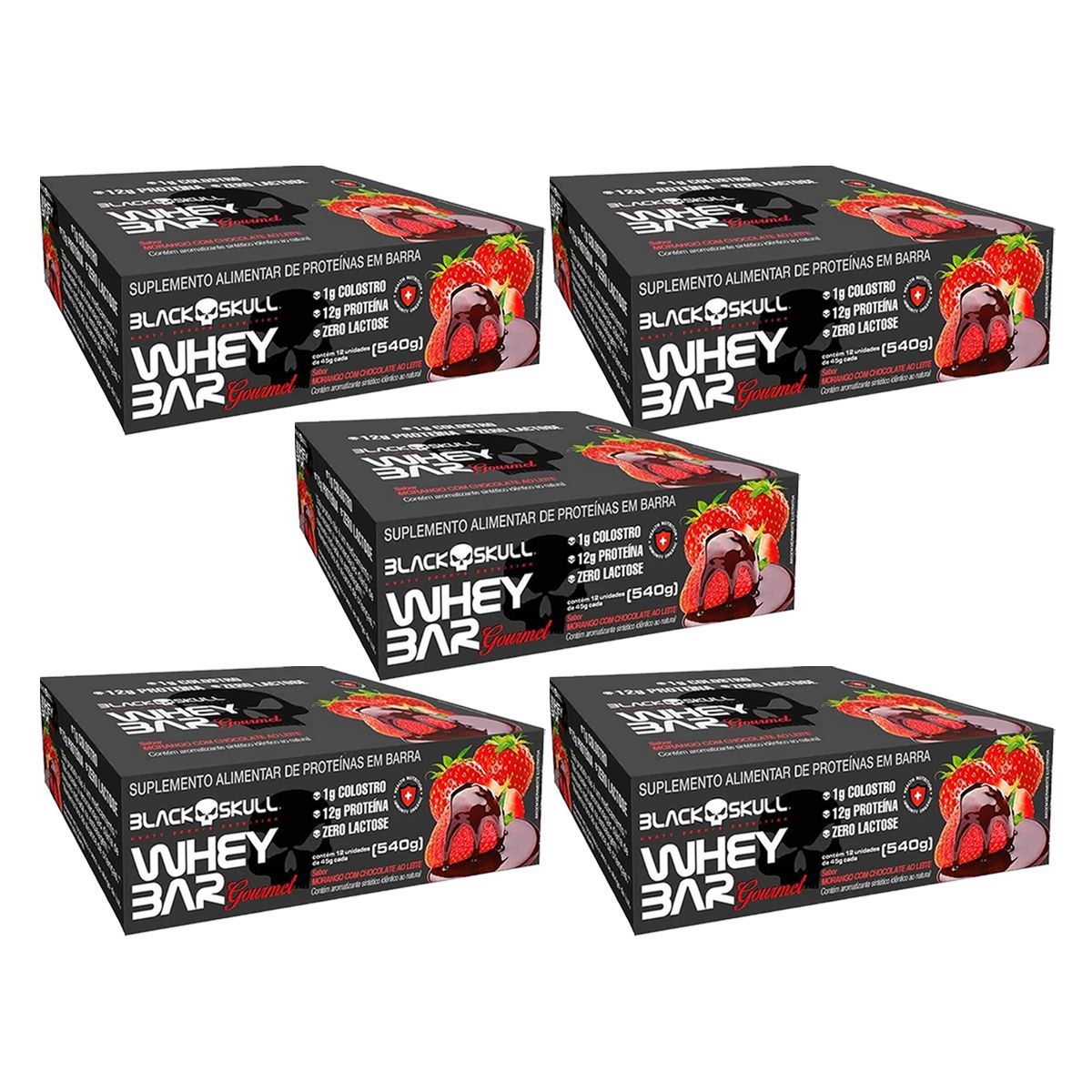 Kit 5X Whey Bar Gourmet - 12 Unidades 45g Morango com Chocolate - Black Skull