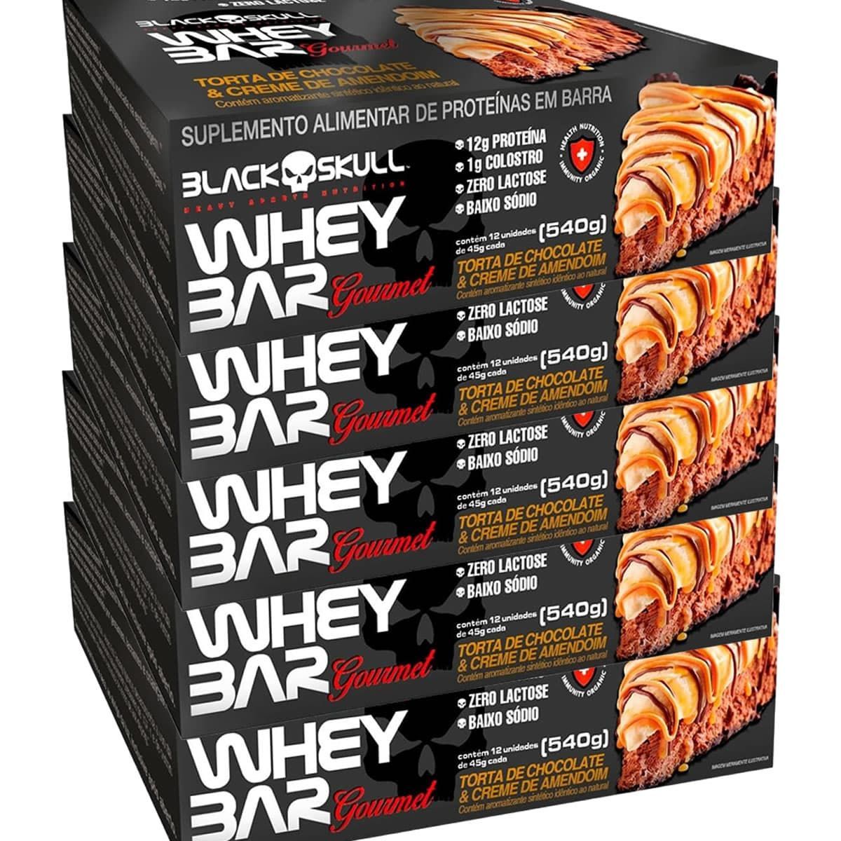 Kit 5X Whey Bar Gourmet - 12 Unidades 45g Torta de Chocolate e Creme de Amendoim - Black Skull