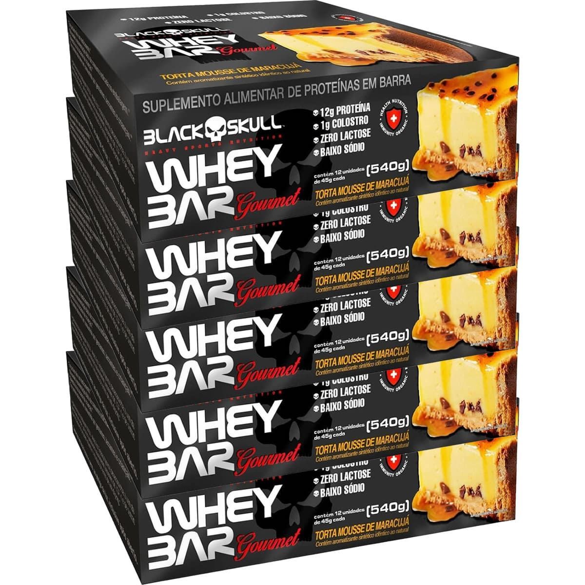 Kit 5X Whey Bar Gourmet - 12 Unidades 45g Torta Mousse de Maracuj� - Black Skull