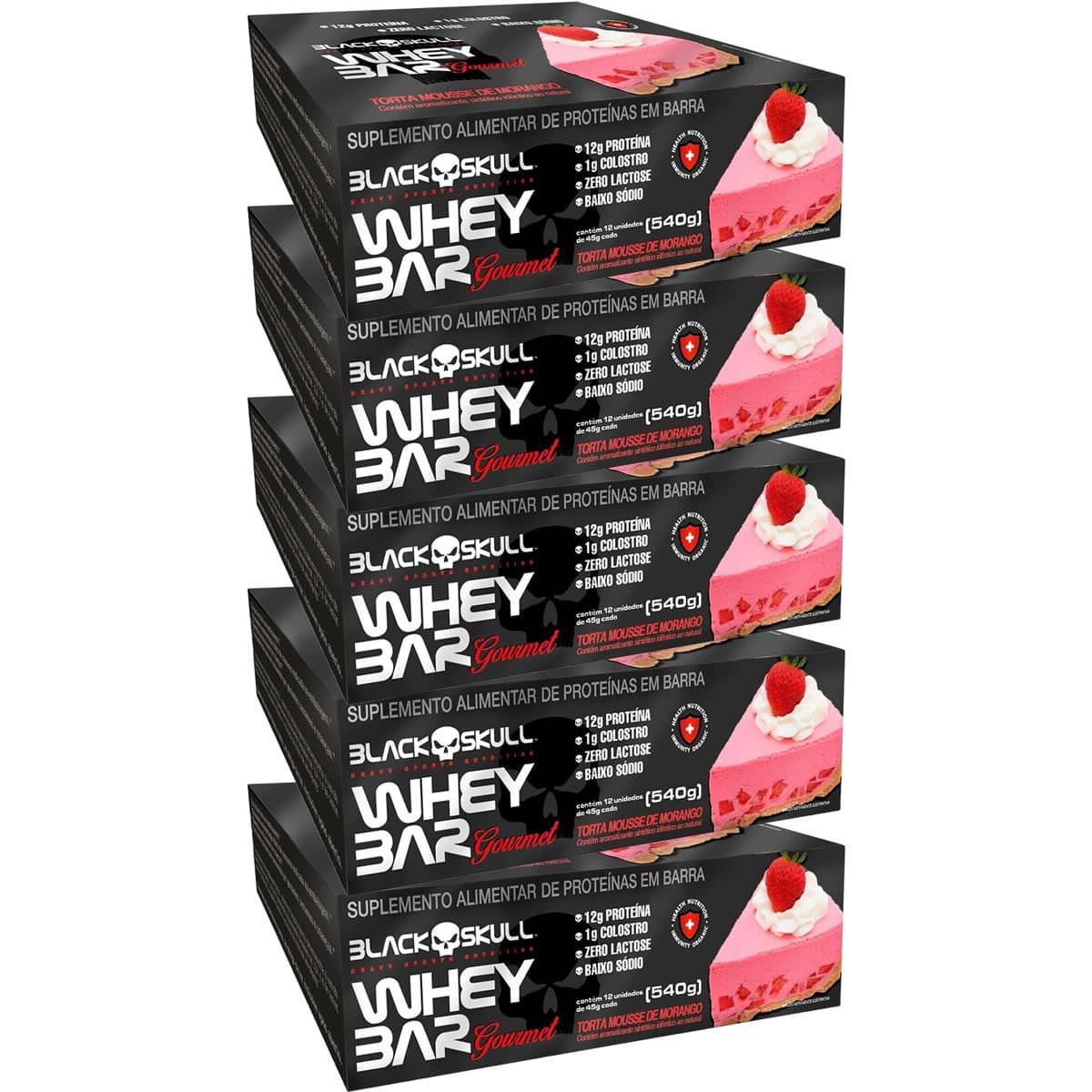 Kit 5X Whey Bar Gourmet - 12 Unidades 45g Torta Mousse de Morango - Black Skull