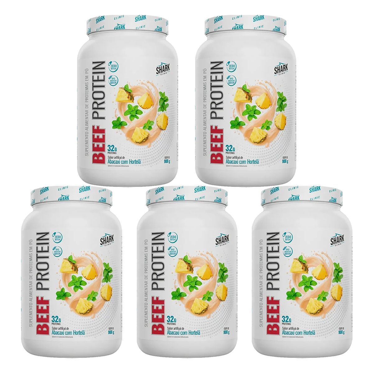 Kit 5X Whey Beef Protein - 900g Abacaxi com Hortel� - Shark Pro