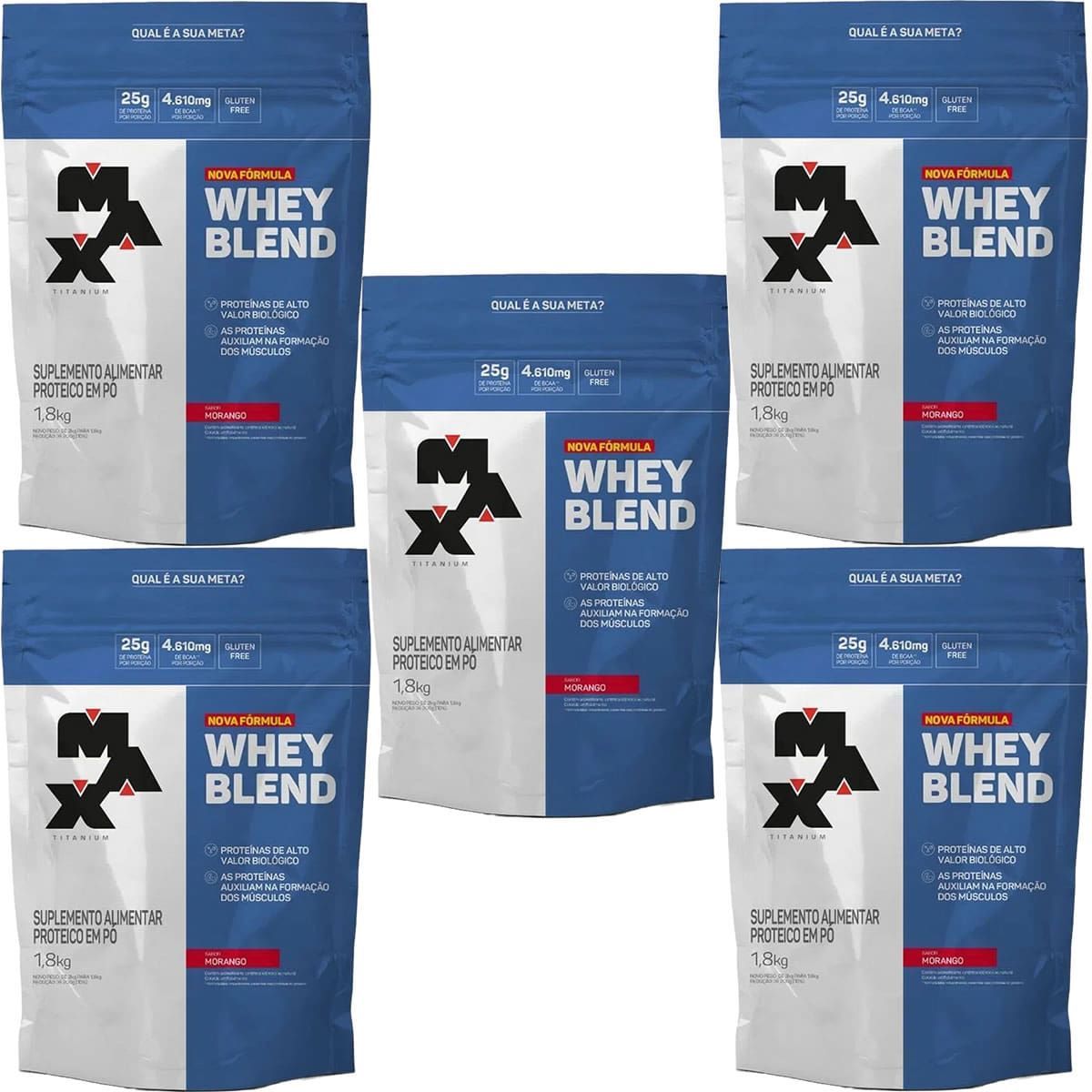 Kit 5X Whey Blend Nova F�rmula - 1800g Refil Morango - Max Titanium