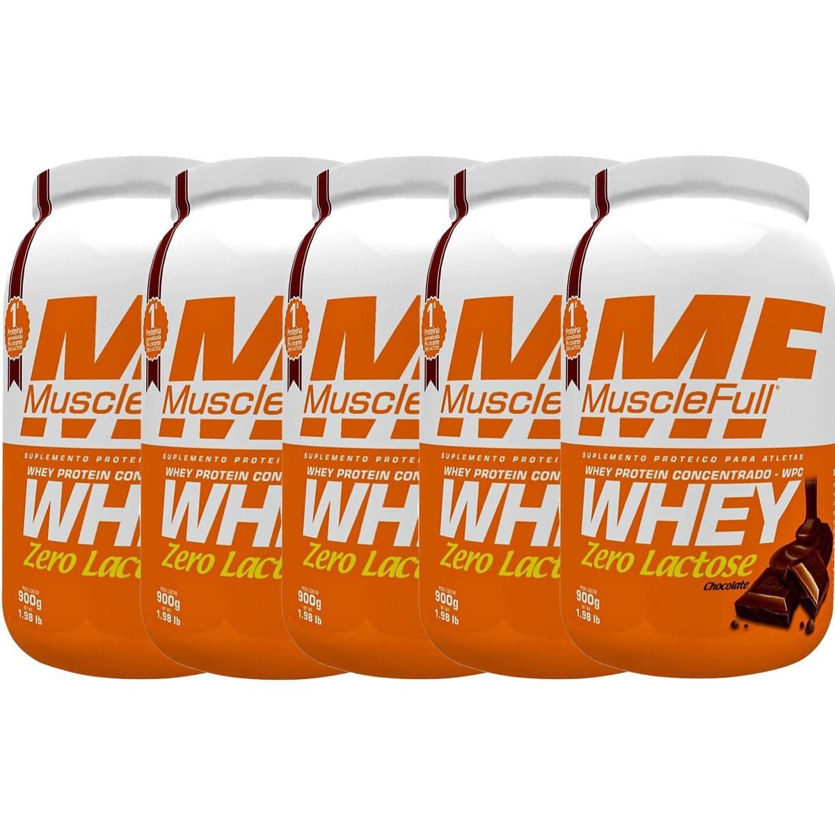 Kit 5X Whey Concentrado Zero Lactose - 900g Chocolate - MuscleFull