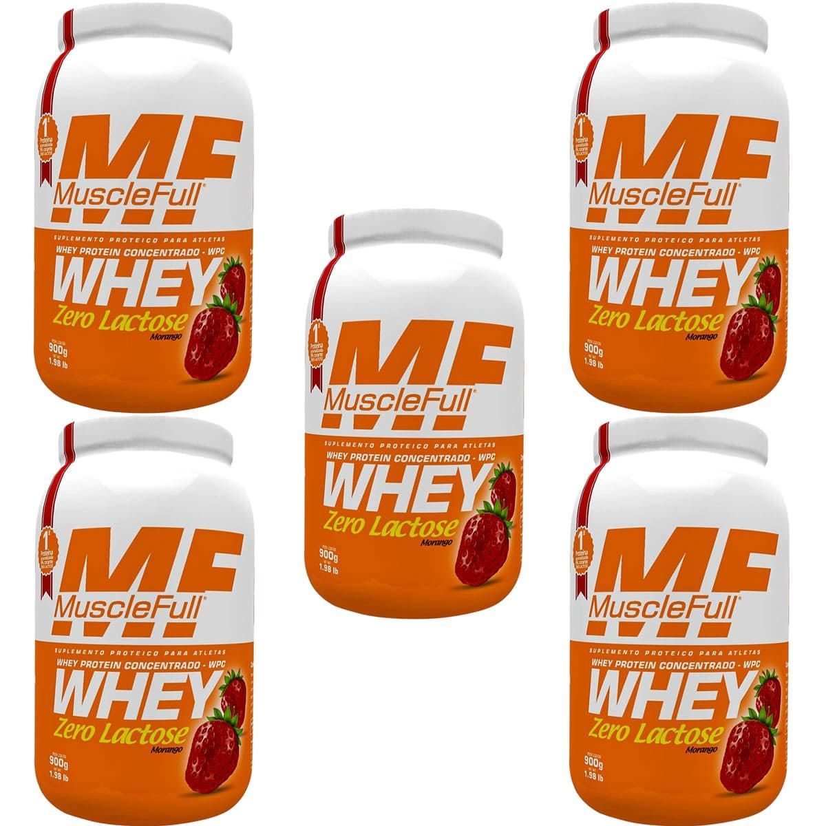 Kit 5X Whey Concentrado Zero Lactose - 900g Morango - MuscleFull