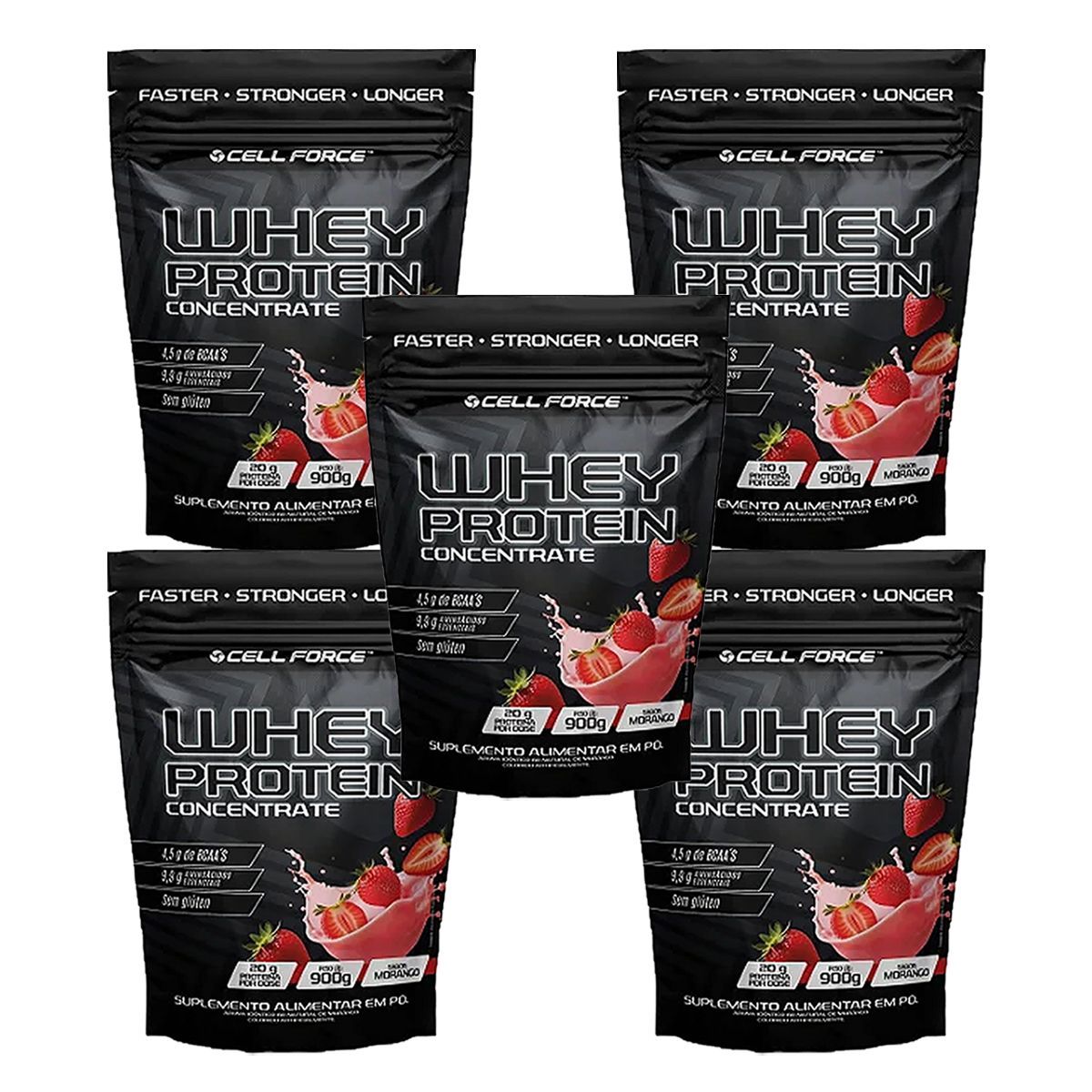 Kit 5X Whey Concentrate - Refil 900g Morango - Cell Force