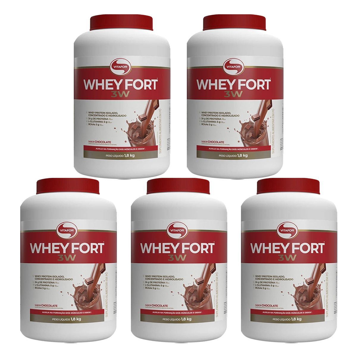 Kit 5X Whey Fort 3W - 1800g Chocolate - Vitafor