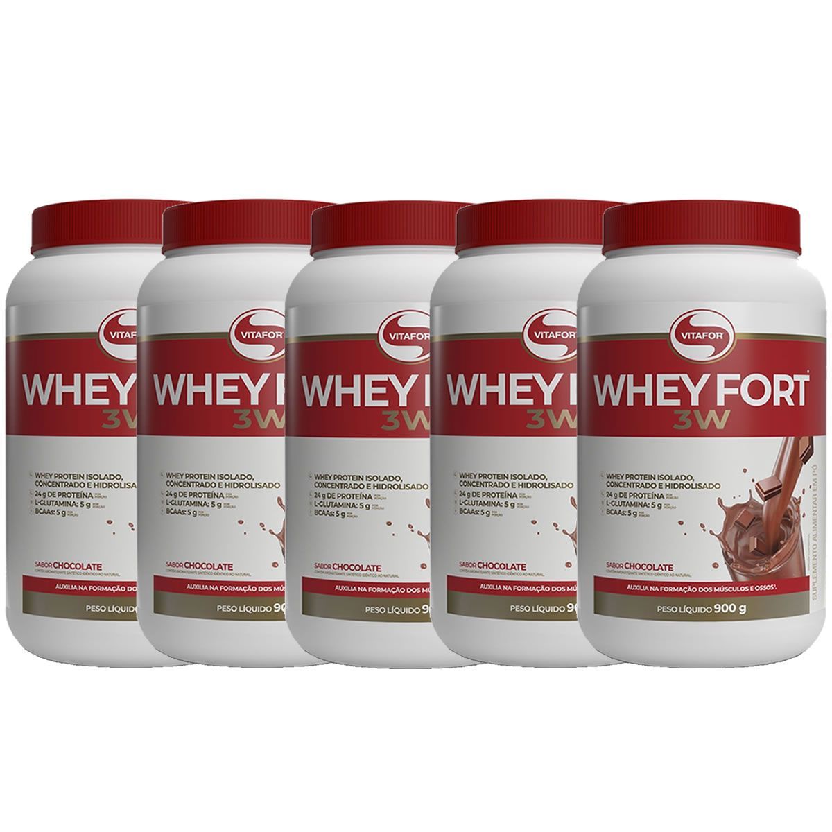 Kit 5X Whey Fort 3W - 900g Chocolate - Vitafor