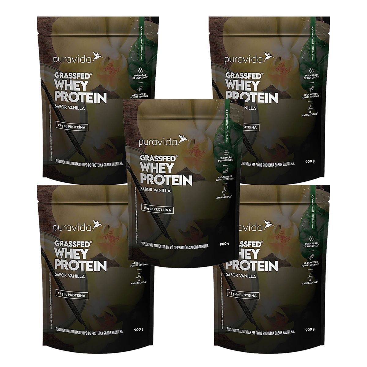 Kit 5X Whey Grassfed Nova Composi��o - 900g Vanilla - Puravida