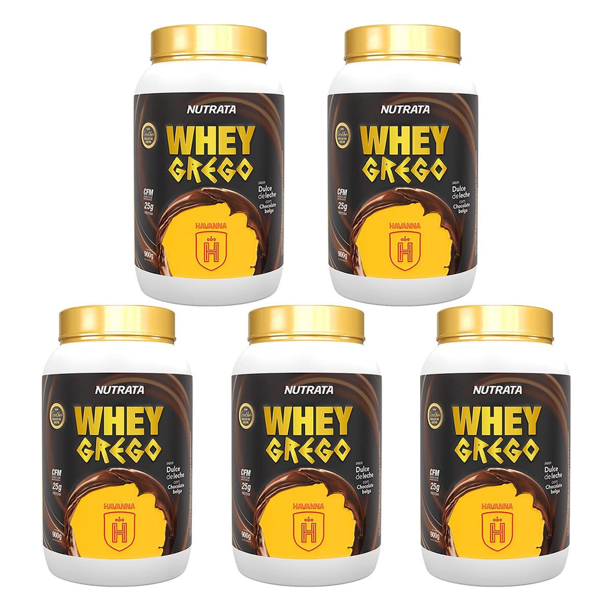 Kit 5X Whey Grego - 900g Dulce de Leche Com Chocolate Belga Havanna - Nutrata