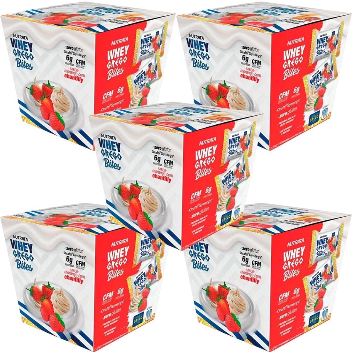 Kit 5X Whey Grego Bar Bites - 15 unidades 20g Morango Chantilly - Nutrata