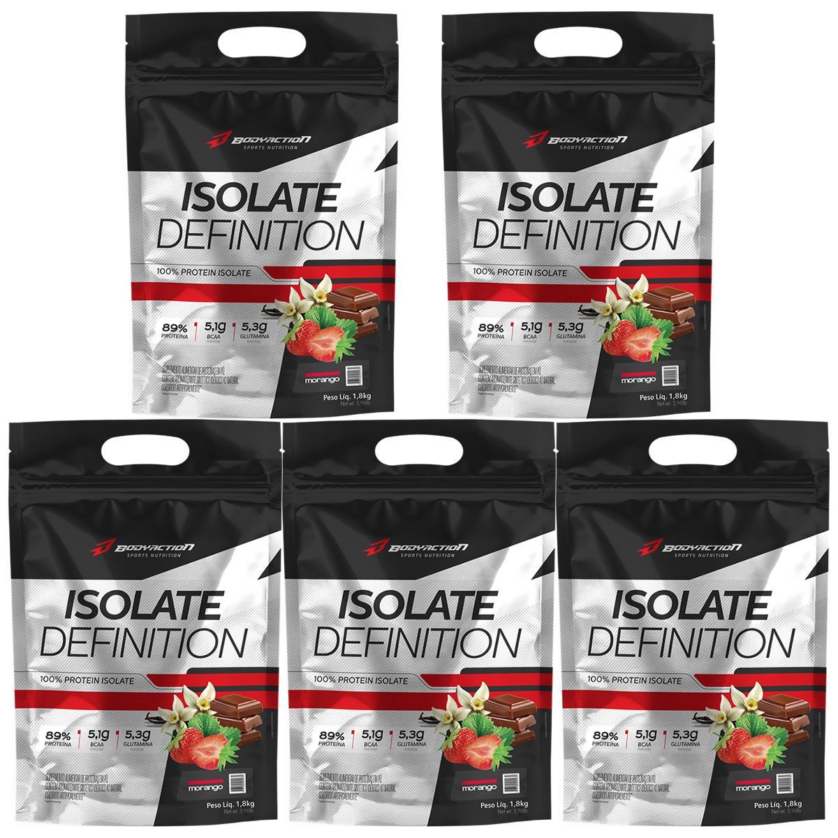 Kit 5X Whey Isolate Definition - 1800g Refil Morango - BodyAction